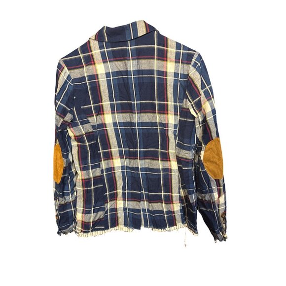 Current Air L Blue Distressed Plaid Button-Up Blazer Jacket With Elbow Patches - Picture 6 of 6